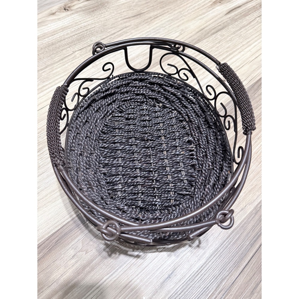 Dark Brown Oval Woven Basket Metal Frame Scrollwork Handles Farmhouse Decor